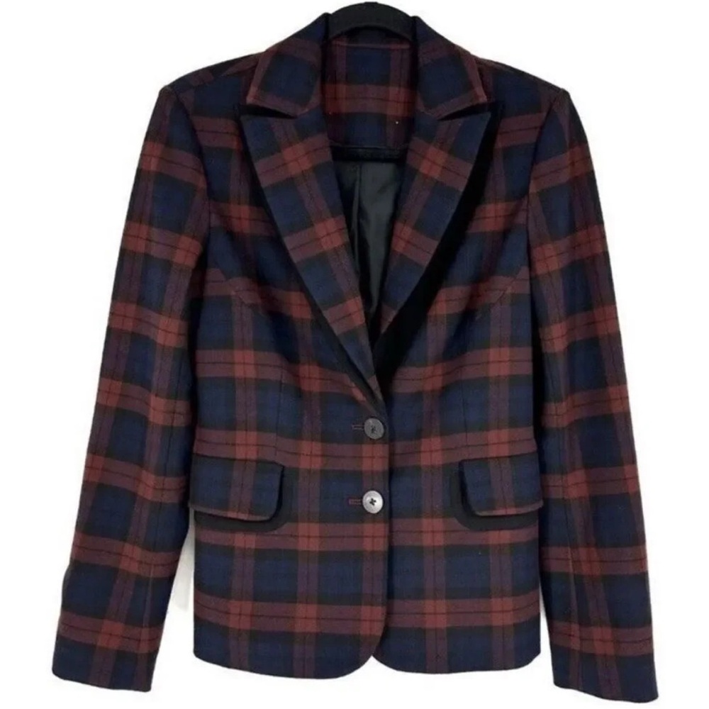 Derek Lam 10 Crosby Tartan Plaid Blazer Red Blue Maroon Navy Size 2 Women's